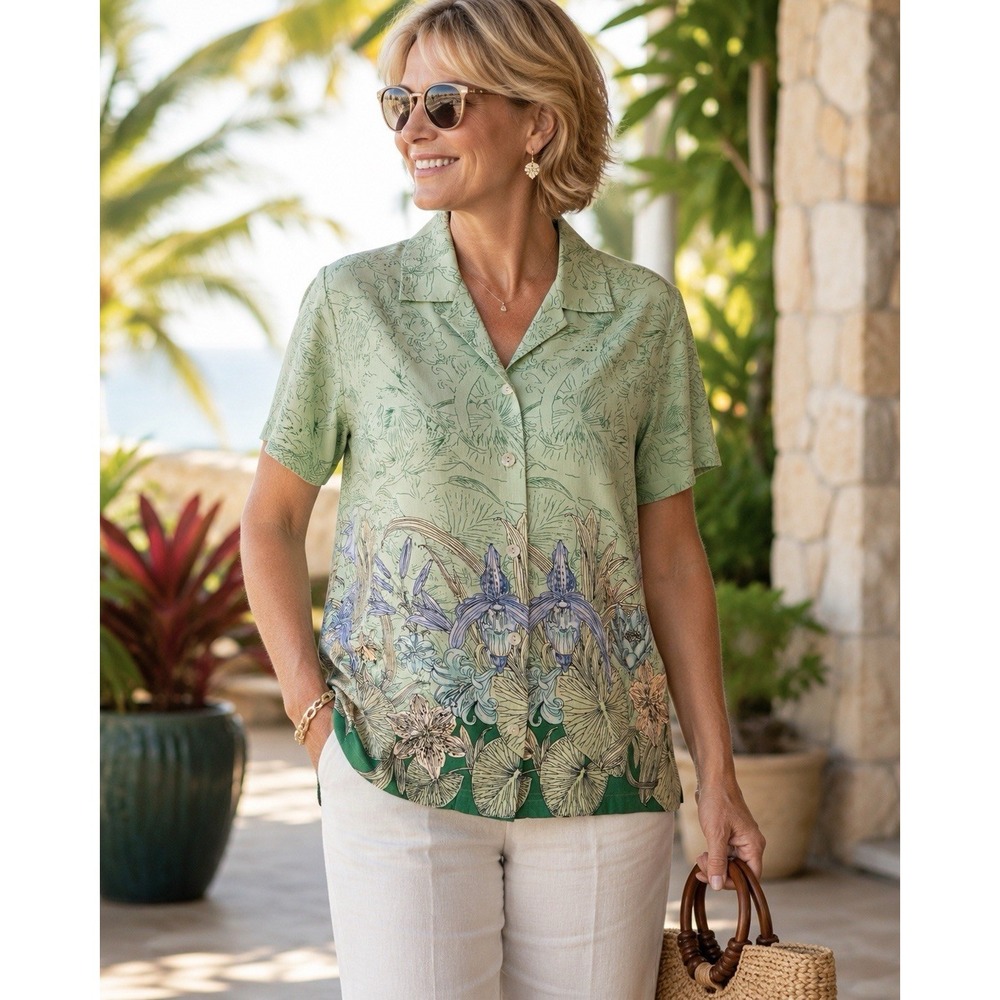 TOMMY BAHAMA Womens 100% Silk Hawaiian Shirt S Iris Tropical Floral Mint Green